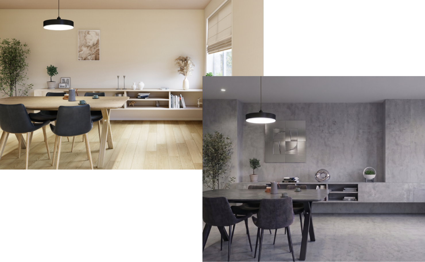 Two modern dining rooms: warm wood-tone left with plants and books; cool gray right with a dark table and pendant light.