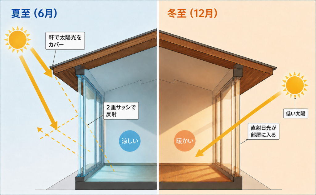 Cross‑section of a house showing summer shading and a cool interior (left) vs. winter sun warming the interior (right).