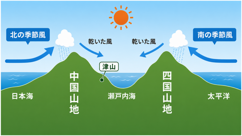 Informational diagram of Japan's mountains and seas showing north and south seasonal winds moving over the Chūgoku and Shikoku ranges toward the interior seas (、日本海, 瀬戸内海, 太平洋) with Tsuyama marked and sun in the sky.