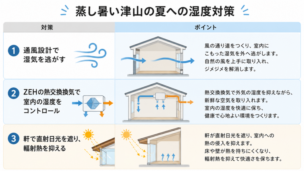 蒸し暑さ対策の3段階を示す図。換気で湿気を逃がし、ZEHの熱交換換気で室内湿度を調整、庇で日射を遮る。