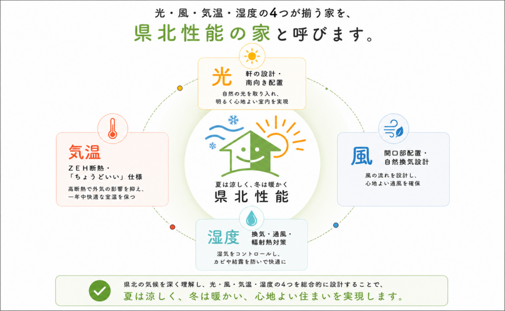 4つの要素で作る家のコンセプト図。中心に笑顔の家、周囲に光・風・温度・湿度のアイコン。夏は涼しく冬は暖かく、県北性能を説明。ご家庭の快適さを示す画像。