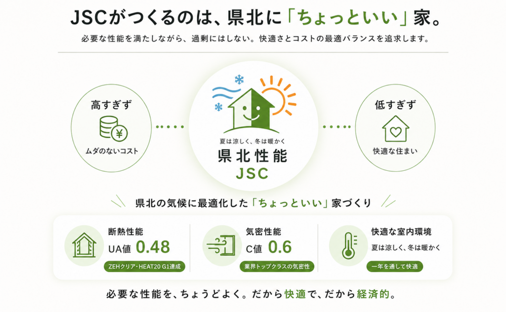 JSCのロゴ中心、緑の家と日差し・風のイラストで、快適で適正な性能を訴えるエコ住宅の説明図。