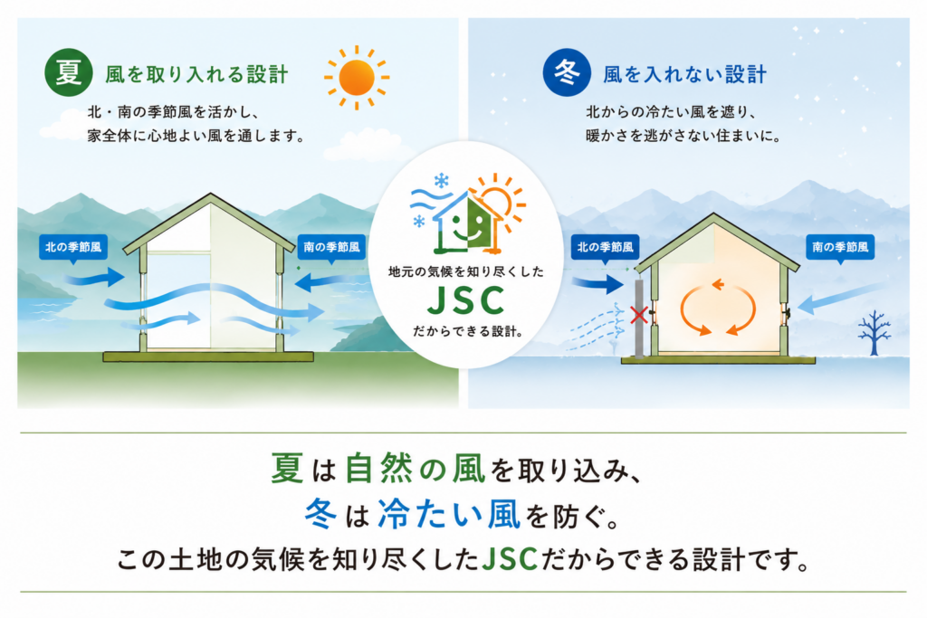 Split illustration showing summer ventilation on the left and winter wind protection on the right, with a central JSC logo in a white circle.